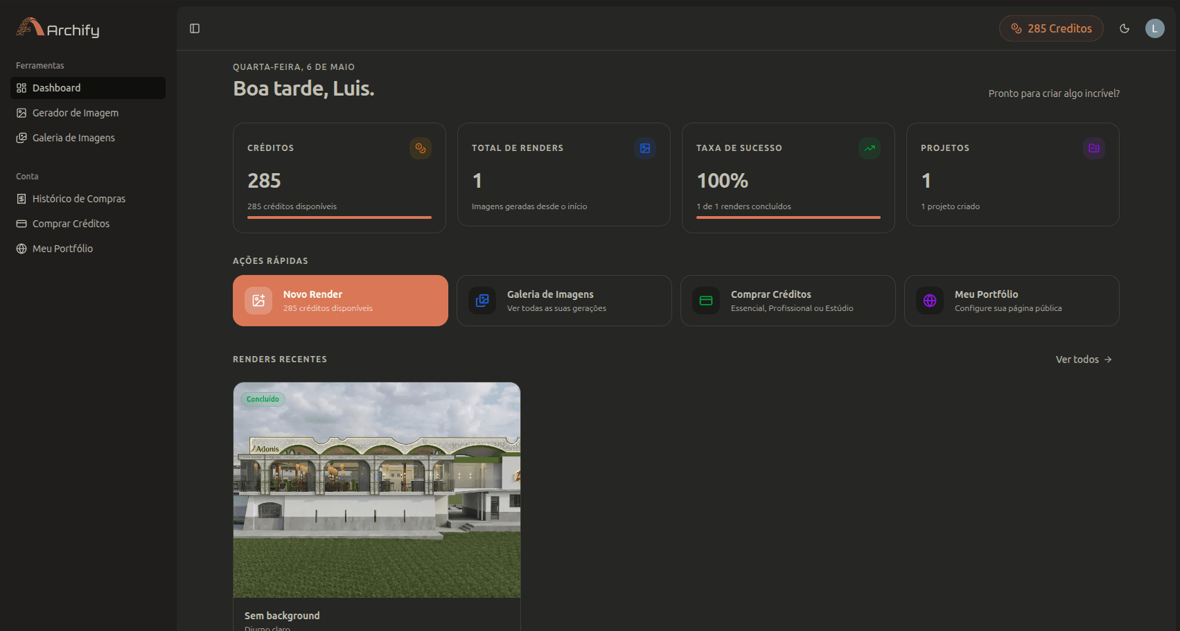 Archify dashboard — renders, projetos e portfólio