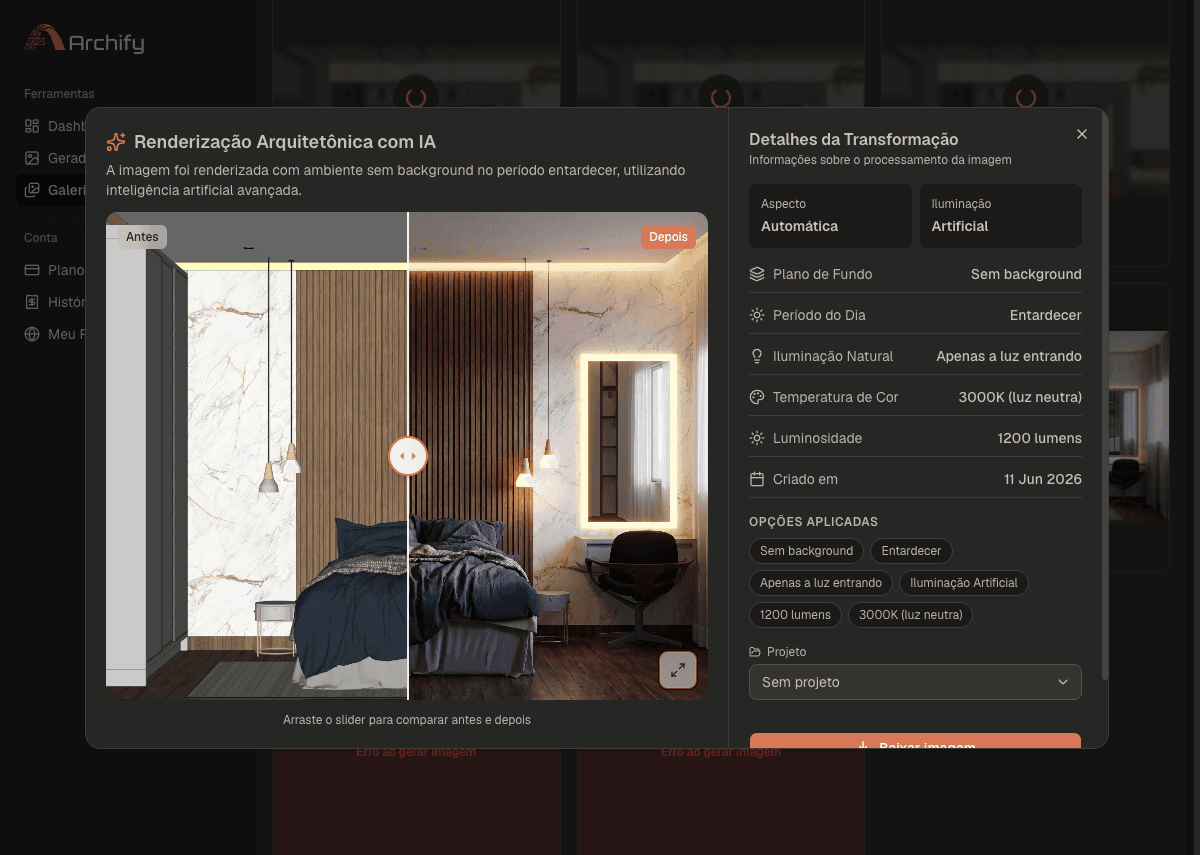 Modal de detalhes com comparação antes e depois