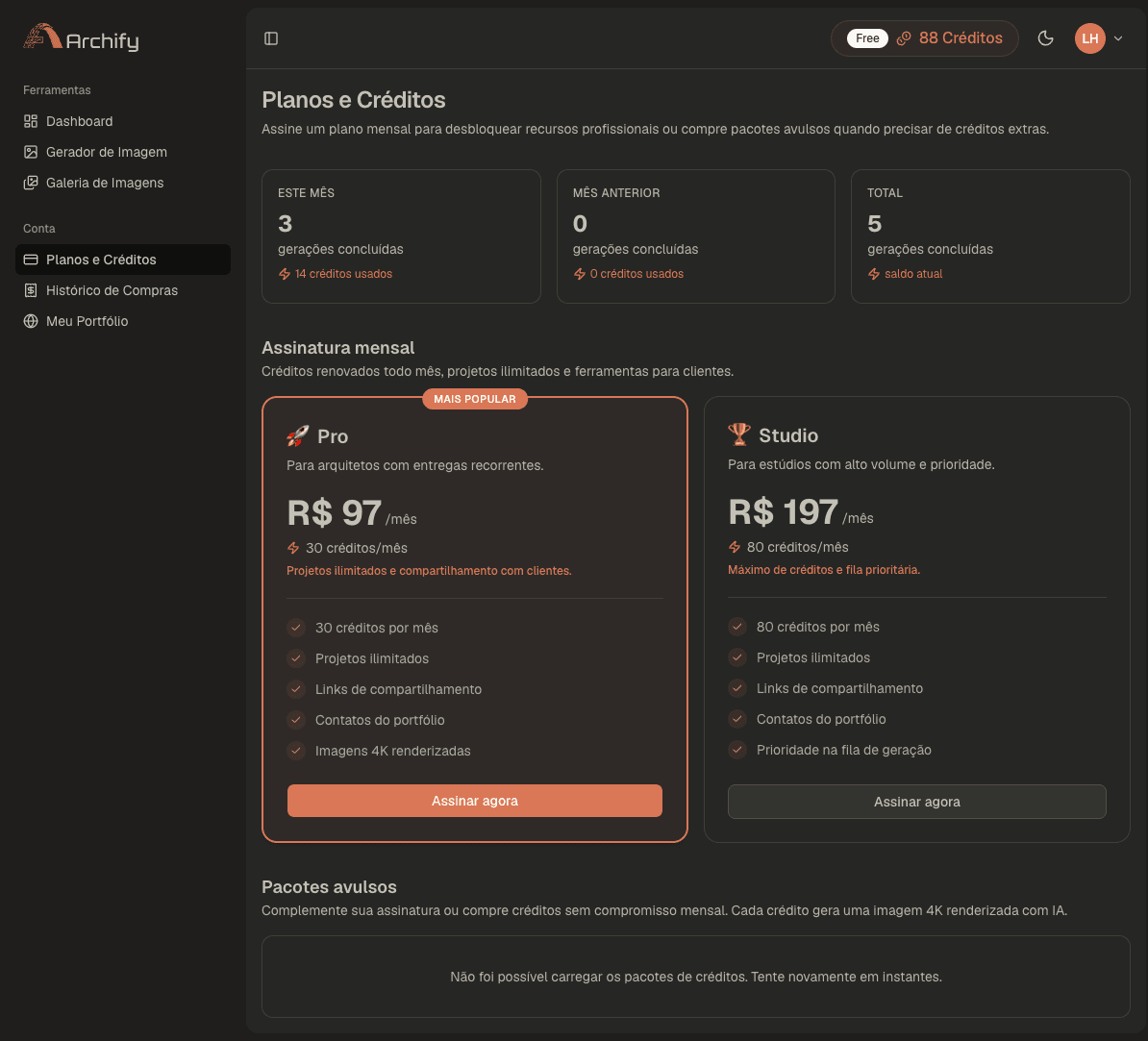 Página de planos e créditos